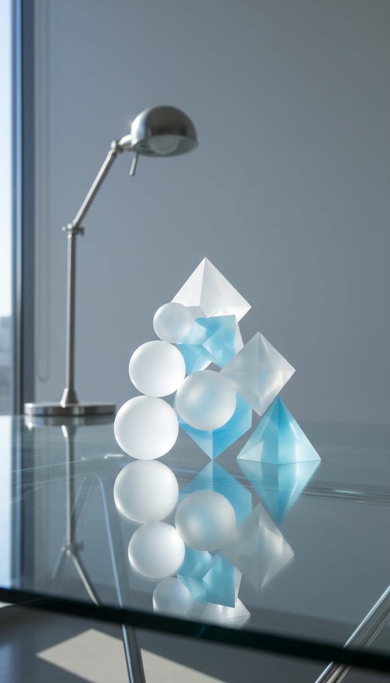 An abstract arrangement of frosted white and translucent blue acrylic geometric shapes—cubes, spheres, and pyramids—carefully interlocked on a reflective glass tabletop. The background is elegantly minimalist, featuring hints of a light gray wall and a sleek silver desk lamp. Cool, diffused morning light streams in from the side, enhancing the shapes' subtle gradients and soft shadows, while producing gentle highlights on glossy edges. Captured from a low, front-facing angle to emphasize depth and structure, the overall effect is clean, conceptual, and modern. The mood is one of exploration and creative thinking, embodying the analytical and perspective-shifting spirit of a soundboarding session.