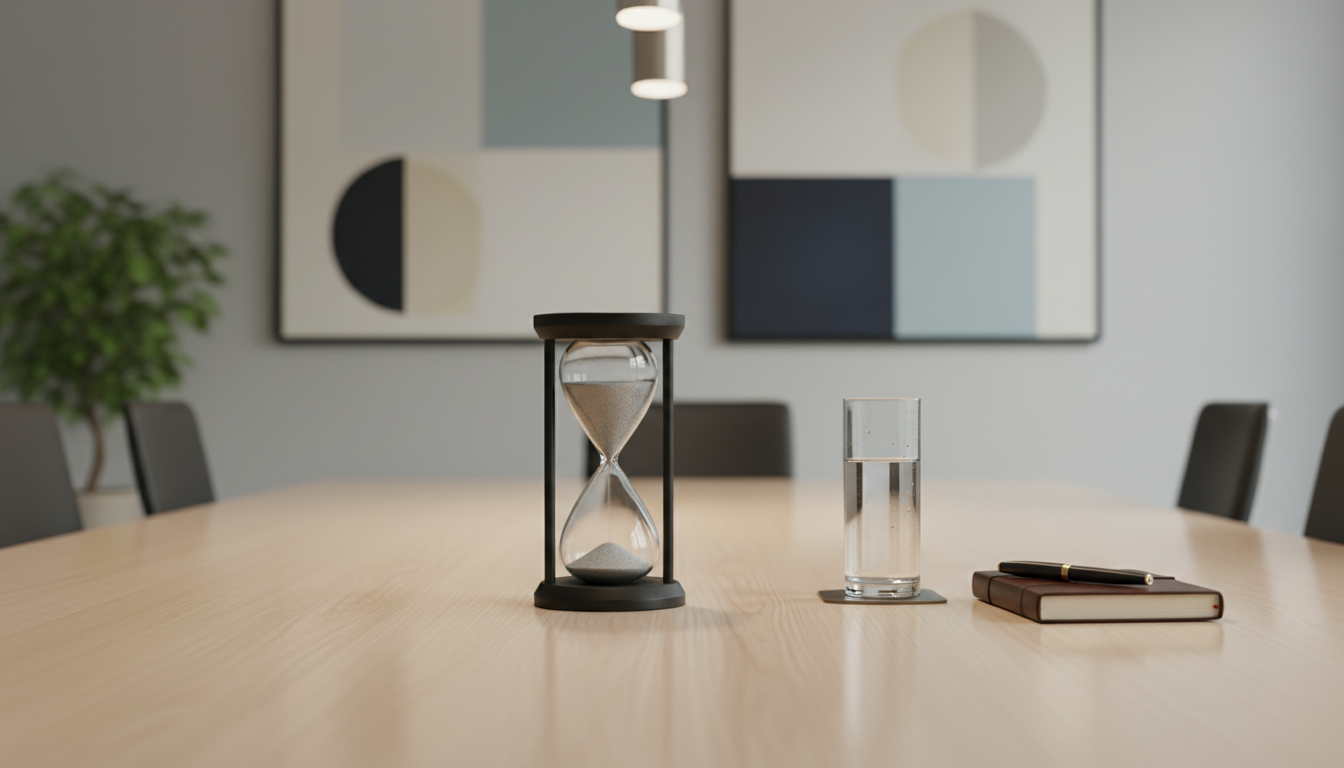 A single, matte black hourglass filled with fine, silvery-gray sand, placed squarely on an uncluttered pale oak boardroom table. A glass of still water and a closed brass-inlaid leather notebook complete the setting, all against a blurred background of minimalist wall art and a soft, muted plant in the corner. Soft, ambient pendant light overhead creates gentle shadows and subtle highlights, giving the hourglass a sense of weight and presence. The mood is contemplative and purposeful, with an emphasis on clarity and focus. Shot from a slightly elevated angle with sharp focus throughout, the aesthetic is clean, modern, and refined, supporting the theme of time-bound, clear-thinking sessions.