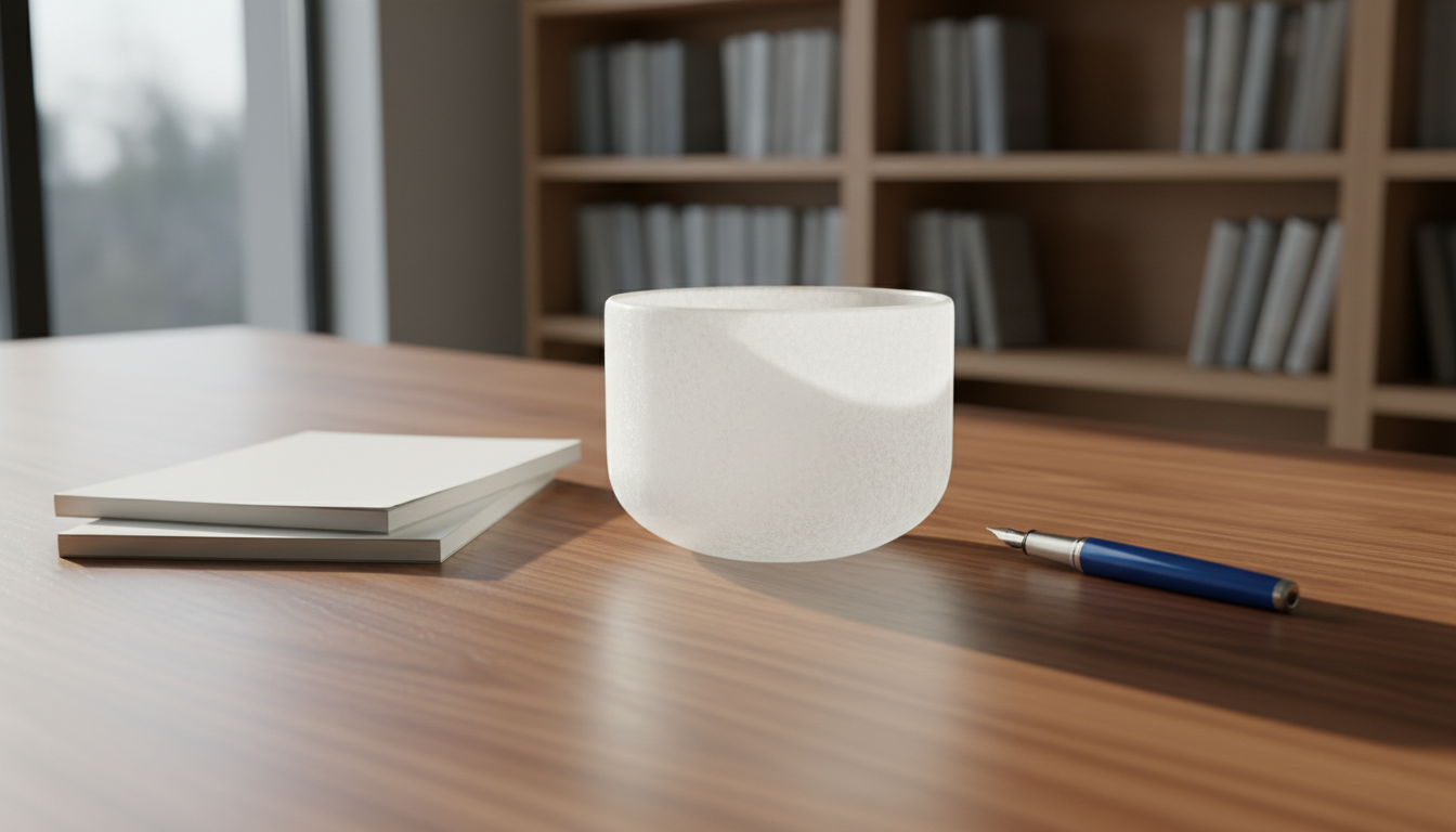 A clear, frosted glass sound bowl sitting at the center of a smooth, uncluttered walnut desk, surrounded by neatly stacked white notepads and a single blue fountain pen. Gentle natural daylight filters through a nearby window, highlighting the bowl’s softly textured surface and casting delicate reflections onto the wood grain. The setting is minimal, modern, and calm, with subtle hints of silver from the pen and a clean background of blurred bookshelves. Captured from an eye-level perspective with a balanced composition, the mood is serene and focused, echoing the clarity and contemplative spirit of a personal soundboarding session. The overall style is clean and modern, with photographic realism and crisp detail.