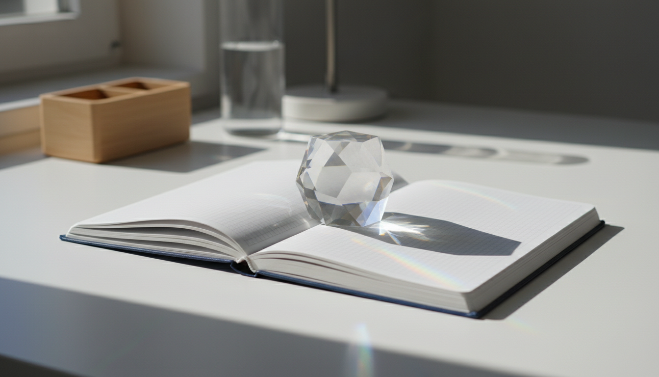 A crisp, translucent crystal prism resting atop an open, navy blue hardcover notebook on a broad, matte white table. Around the table, hints of gently blurred office elements—a tidy organizer, a glass carafe with filtered water—create an intentional, distraction-free environment. Diffused afternoon sunlight streams through, causing subtle rainbow reflections from the prism onto the open notebook. The composition uses a centered focus on the prism, with a shallow depth of field that draws the eye to its intricate surface. The scene feels intentional and thoughtful, communicating precision and personal insight with a modern, minimalist photographic style.